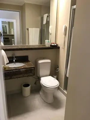 a bathroom with a toilet and a sink and a mirror at Seres Hotel Old City in Istanbul