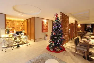 a christmas tree in the middle of a room at Housez Suites & Apartments Special Class in Istanbul