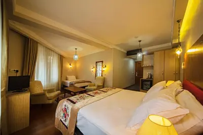 a hotel room with a large bed and a living room at Apart Hotel Hippodrome in Istanbul