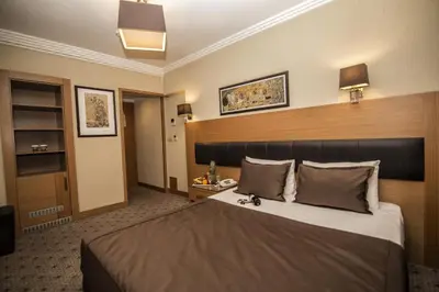 a hotel room with a bed with a wooden headboard at Mirilayon Hotel - Old Town in Istanbul
