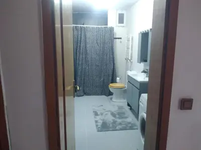 a bathroom with a shower with a toilet and a sink at Apartament Ada in Buyukada