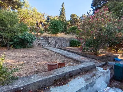 a garden with a stone wall and some trees at Apartament Ada in Buyukada