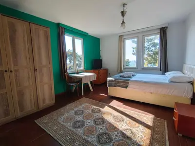 a bedroom with a bed and a desk and two windows at Apartament Ada in Buyukada