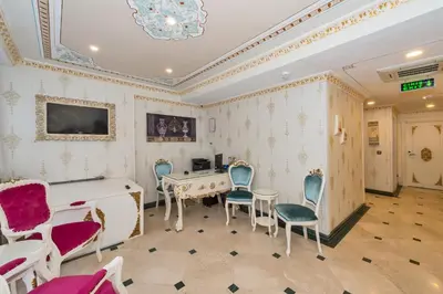 a room with chairs and a table and a tv at Hotel 1453 in Istanbul