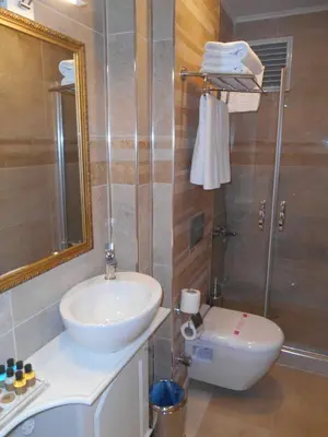 a bathroom with a sink and a shower and a toilet at Hotel 1453 in Istanbul