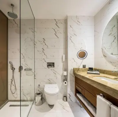 a bathroom with a shower and a toilet and a sink at Lionel Hotel Istanbul in Istanbul