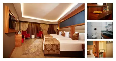 a hotel room with a bed and a bathroom at Ilkbal Deluxe Hotel &Spa Istanbul in Istanbul