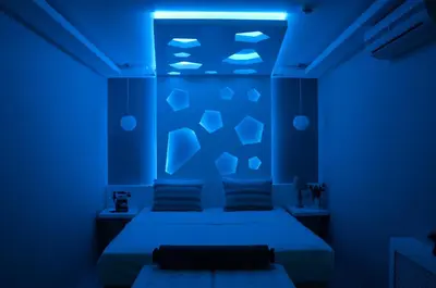 a blue bedroom with two beds with blue lights at Hotel Evsen in Istanbul