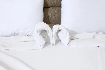 two swans made out of towels on a bed at AMARA OLD CITY HOTEL & Spa in Istanbul