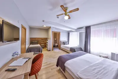 a hotel room with two beds and a desk at Palmada Hotel in Sakarya