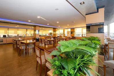 a restaurant with tables and chairs and plants at Dalan Otel in Istanbul