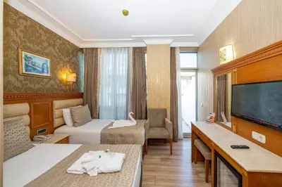a hotel room with two beds and a flat screen tv at Dalan Otel in Istanbul