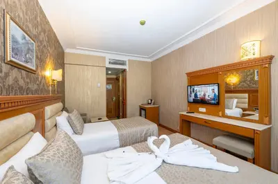 a hotel room with two beds and a flat screen tv at Dalan Otel in Istanbul