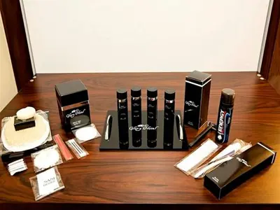 a group of products sitting on a wooden table at Endglory Hotel in Corlu