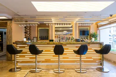 a bar in a hotel with black stools at Prestige Hotel Old City in Istanbul