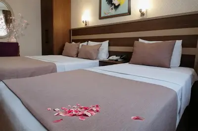 two beds in a hotel room with pink flowers on them at Sembol Hotel in Istanbul