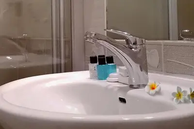 a bathroom sink with a faucet and flowers on it at Sembol Hotel in Istanbul
