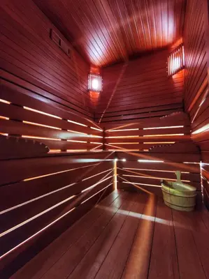 a room with a wooden floor with lights on it at The Golden Pera's Hotel & Spa in Istanbul