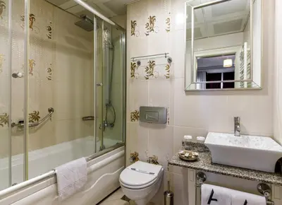 a bathroom with a toilet and a sink and a shower at Hotel Amira Istanbul in Istanbul