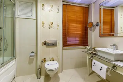a bathroom with a toilet and a sink and a shower at Hotel Amira Istanbul in Istanbul