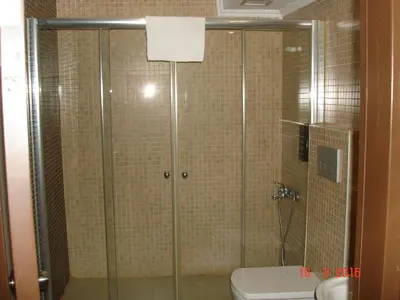 a bathroom with a shower and a toilet at Hotel Topkapı in Istanbul