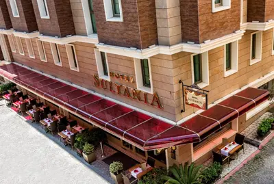 an overhead view of a building with a restaurant at Hotel Sultania Boutique Class in Istanbul