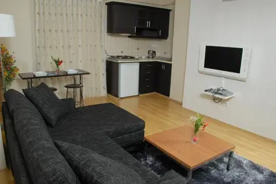a living room with a couch and a table and a kitchen at Airport Residence in Istanbul