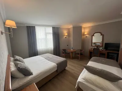 a hotel room with two beds and a mirror at Fuar Hotel in Istanbul