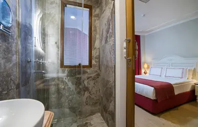 a bathroom with a shower and a bed and a tub at Amofta Hotel Taksim in Istanbul