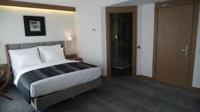 a hotel room with a bed and a shower at Yuksel Istanbul Yenikapı Hotel in Istanbul