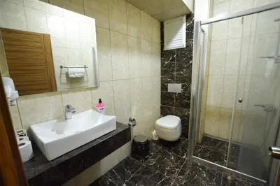 a bathroom with a sink and a toilet and a shower at Hill River Hotel in Agva