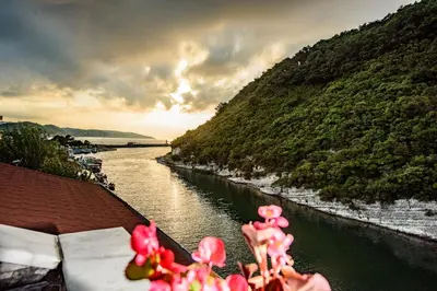 a view of a river with pink flowers at Hill River Hotel in Agva