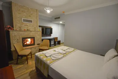 a hotel room with a bed and a fireplace at Hill River Hotel in Agva
