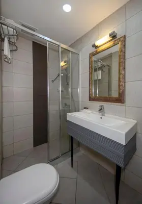a bathroom with a sink and a shower and a toilet at Tilia Hotel in Istanbul