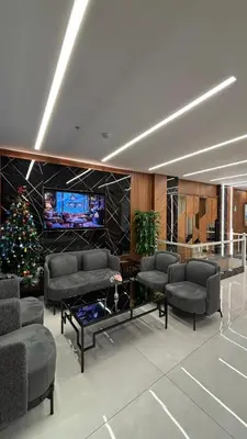 a living room with couches and a christmas tree at İstanbul Trend Hotel Old City in Istanbul
