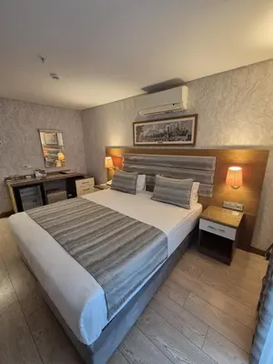 a bedroom with a large bed and a desk at İstanbul Trend Hotel Old City in Istanbul