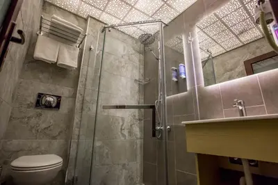 a bathroom with a shower and a toilet and a sink at Hotel Pera Capitol - Taksim & İstiklal in Istanbul