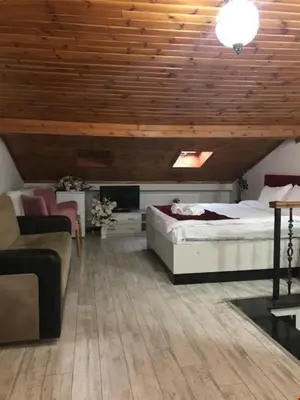 a bedroom with two beds and a living room with a couch at Taksim Sem House in Istanbul