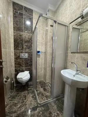 a bathroom with a shower and a toilet and a sink at Rosalie Palace Hotel in Istanbul