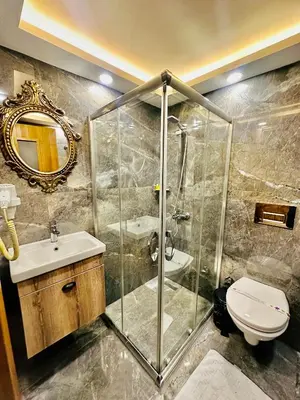 a bathroom with a shower and a toilet and a sink at Sirkeci Quietness Hotel in Istanbul