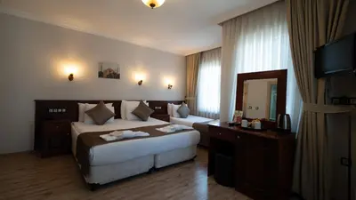a hotel room with two beds and a mirror at Sultanahmet Cesme Hotel in Istanbul