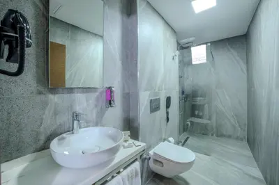 a bathroom with a sink and a toilet and a shower at Center Hill Hotel in Istanbul