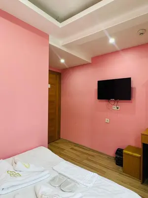 a room with a pink wall with a bed and a tv at Gulhane Corner Hotel in Istanbul