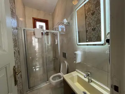 a bathroom with a shower and a toilet and a sink at Le Safran Suite Hotel in Istanbul