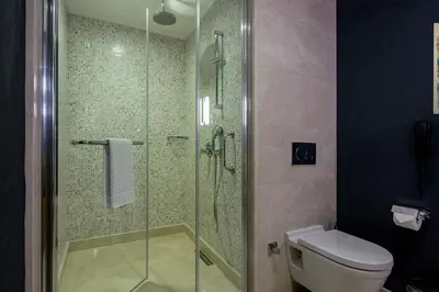 a bathroom with a glass shower with a toilet at Doubletree By Hilton Istanbul Topkapi in Istanbul