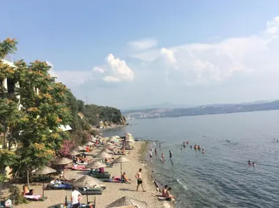a beach with a bunch of people in the water at Atamer Doga Resort in Gemlik
