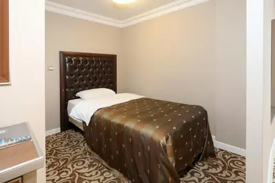a bedroom with a bed with a brown headboard at Balturk Hotel Sakarya in Sakarya