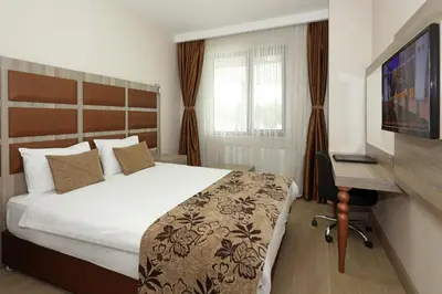 a bedroom with a bed and a desk and a television at Seckin Hotel in Sakarya