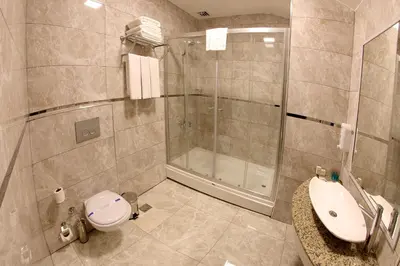 a bathroom with a shower and a toilet and a sink at Seckin Hotel in Sakarya