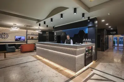 a woman sitting at a bar in a lobby at Seckin Hotel in Sakarya